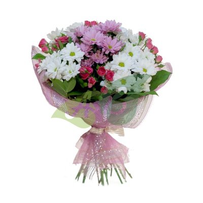 Букет цветов из хризантем и кустовых роз Радужная капель